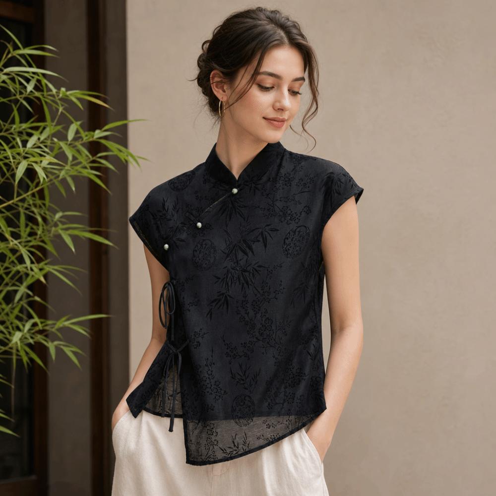 Short Sleeve Cheongsam T-Shirt Jacquard Weave Slanting Lapel Top Summer Outfit