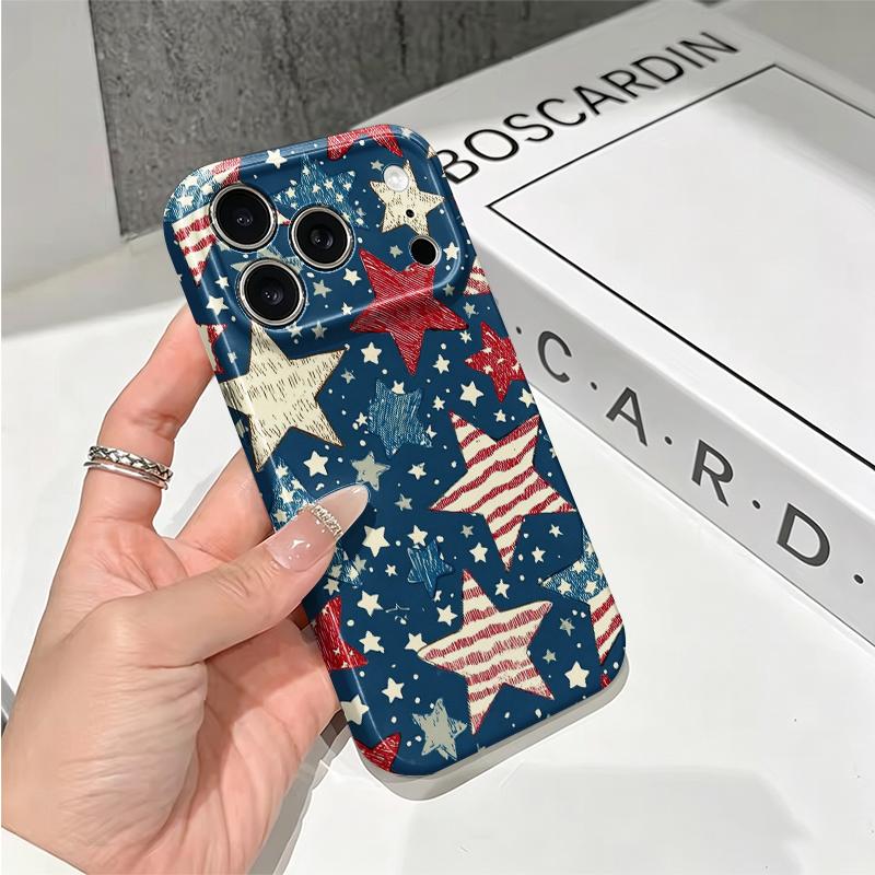 Patriotic Vintage Red White Blue Star Pattern Art Film Aesthetic Protective Shockproof Bumper Case Cover For iPhone 13 14 15 16 17 Pro Max Plus