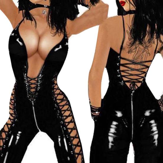 Body nadměrných velikostí Trendy Pohodlné ženy Krajka Lesklé Up Bez rukávů Lakovaná Hluboká V Dlouhá kožená kombinéza