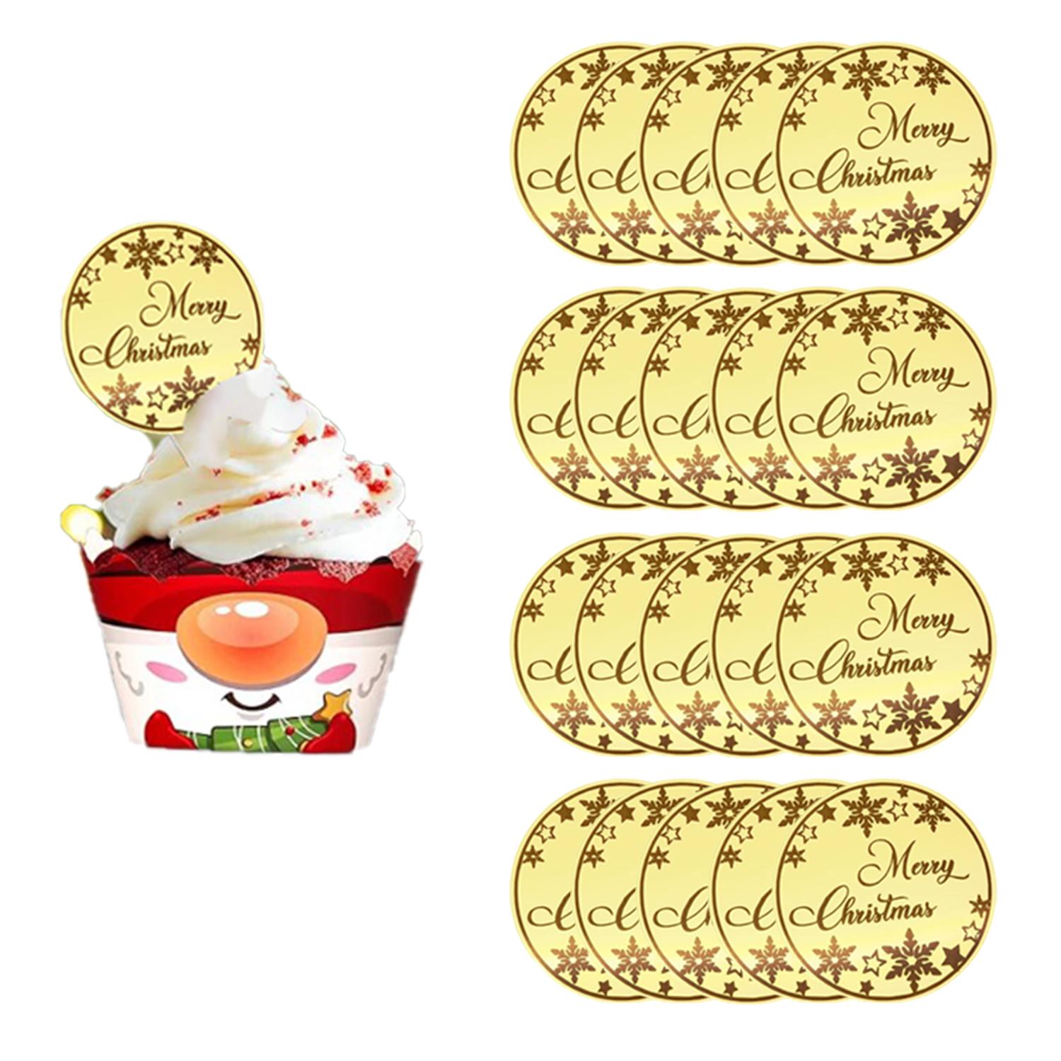 

20PCS Merry Christmas Acrylic Cupcake Toppers Snowflake Shapes Round Mirror Engraved Cake Topper Cupcake Decorations for Xmas