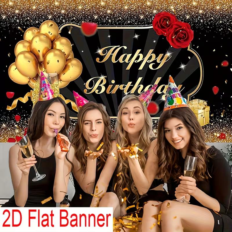2D Happy Birthday Background Cloth Black Gold with Balloons & Gifts Banner