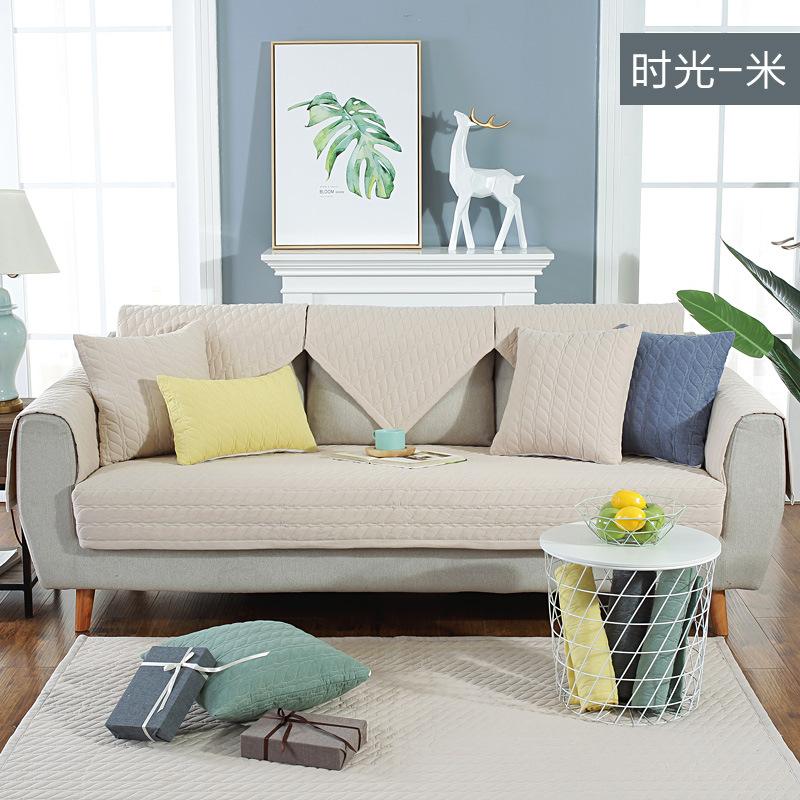 Pure Cotton Stripe Machine Washable Sofa Cover Anti-slip Backside Cushion Living Room Bedside Floor Mat Solid Color Couch Cover