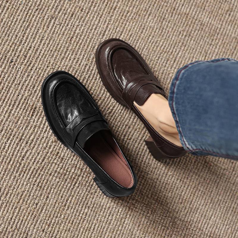 Krazing Pot Sheepskin Round Toe Thick Med Heels Spring Shoes Slip On Big Size 42 Loafers Women Platform Pumps