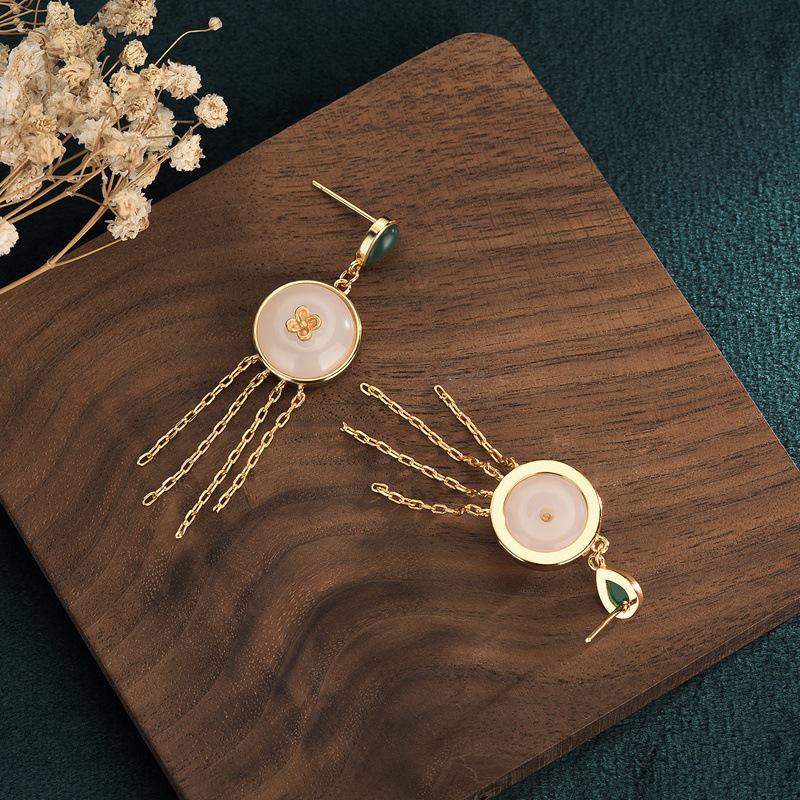 2022 Summer Palace Style Hetian Jade Long Tassel Earrings for Women - Perfect Hanfu Costume Accessory.