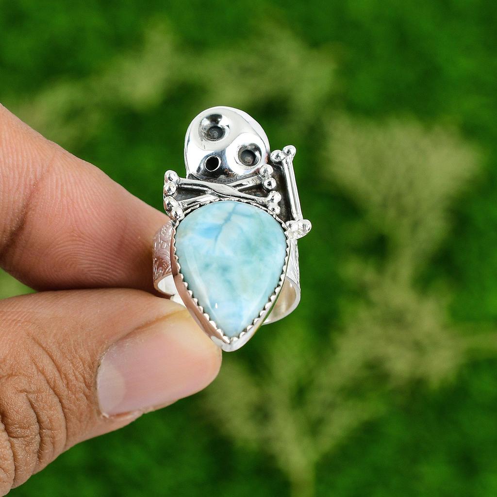 Natural Larimar Promise Skull And Bone Adjustable Ring 925 Silver For Women