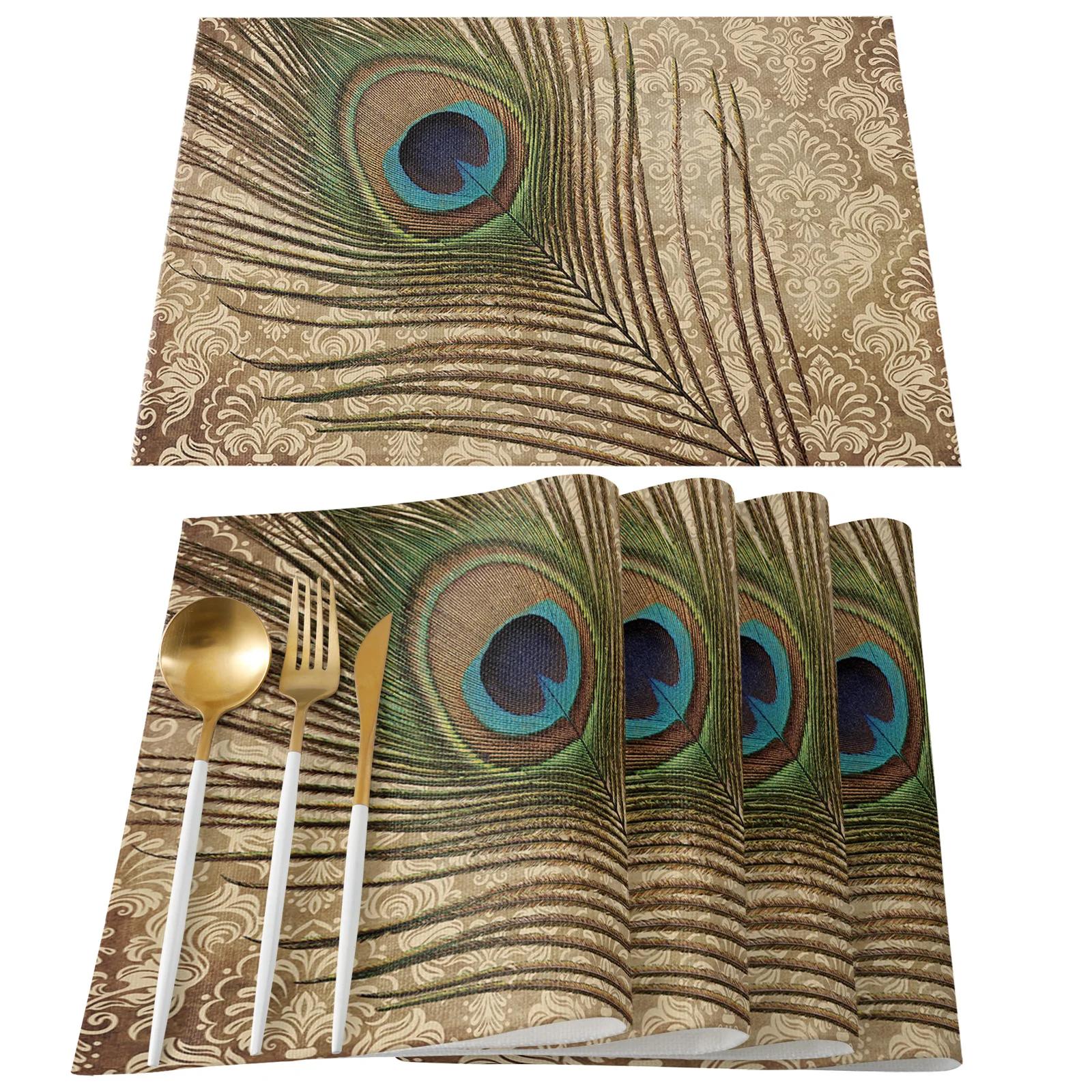 

Peacock Feather Placemat,Washable Heat Resistant Place Mats for Home Party Kitchen Indoor Holiday Rustic Table Mats 12 x 18 Inch 2pcs 30x45cm