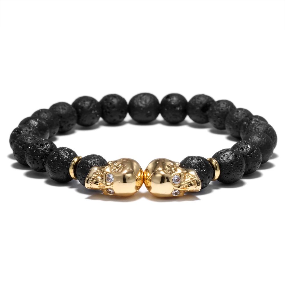 

Punk Double Skull Head Design Beads Bracelet 4 Color Natural Stone Beaded Lava Braclet For Men Biker Wristband Jewelry Homme золотой