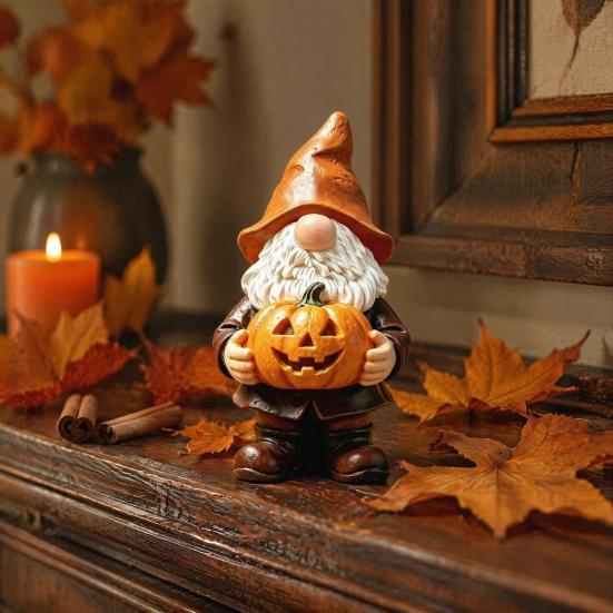 Weather Resistant Gnome Decor Halloween Garden Statue, Faceless Holding Pumpkin Sculpture, Waterproof Lawn Statue Resin for Porch Yard Autumn