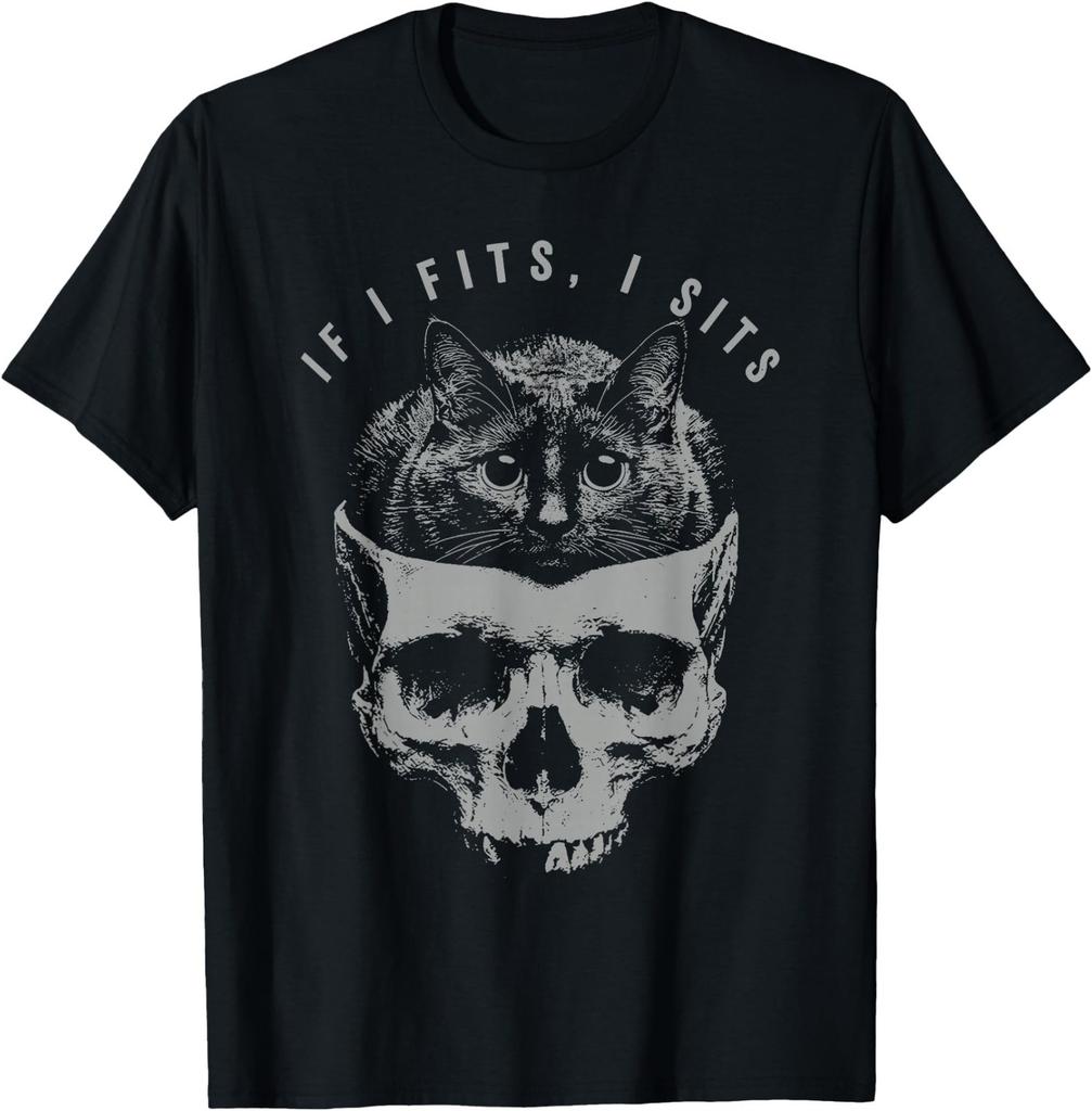 If It Fits I Sit Black Cat Skull Minimalist Meme Humor T-Shirt