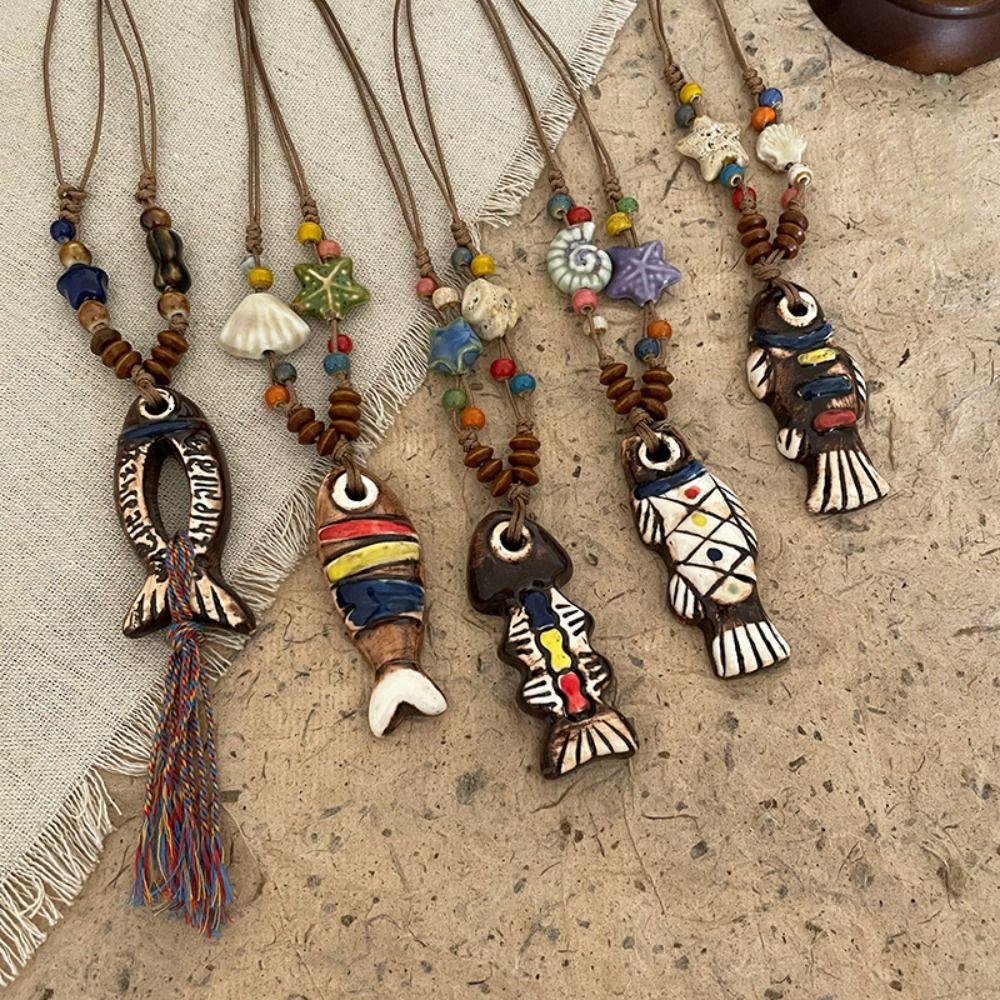Tassel Ethnic Style Necklace Wood Bohemian Style Choker Antique Long Sweater Chain  Decoration