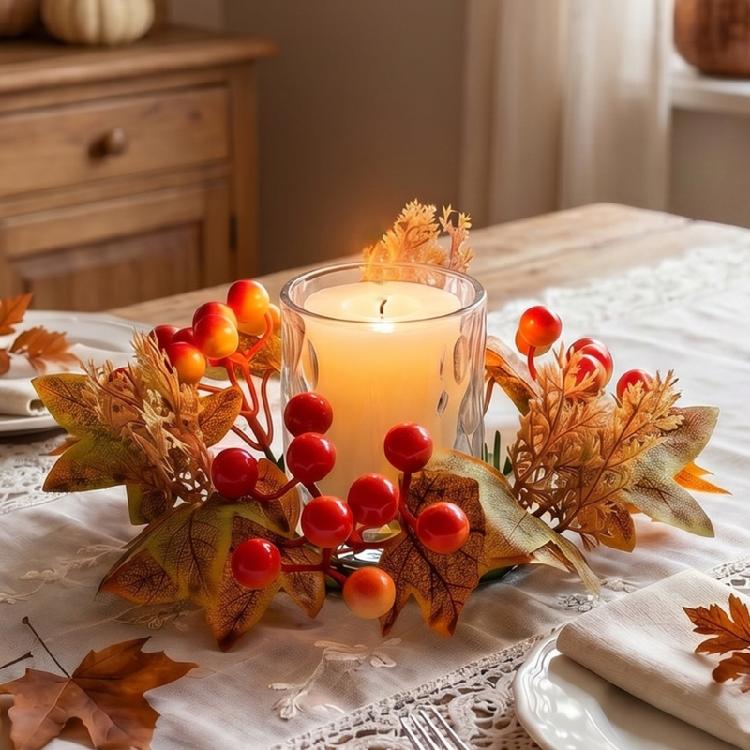 Seasonal Autumn Candle Wreath, Wall Shelf Styling with Faux Branch Texture for Entry Tables and Holiday Hosting
