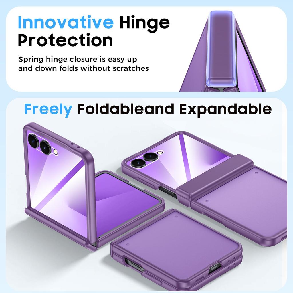 Translucent Matte Protective Case with Tempered Glass Screen Protector for Samsung Galaxy Z Flip 7, Hinge Protection Slim Cover-Purple