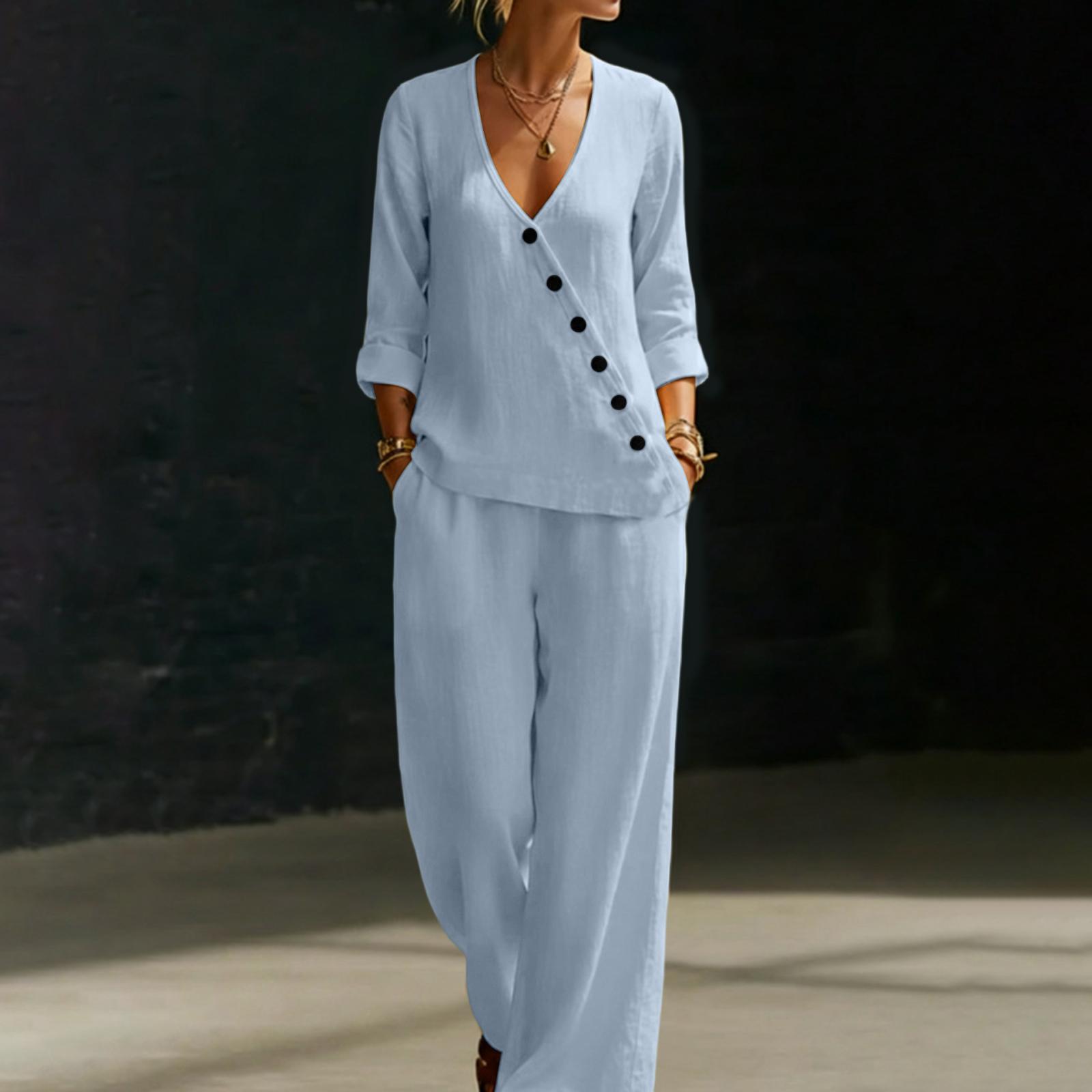 Women s Color Temperament Loose V-neck Button Shirt Wide Leg Pants Two-piece Set S