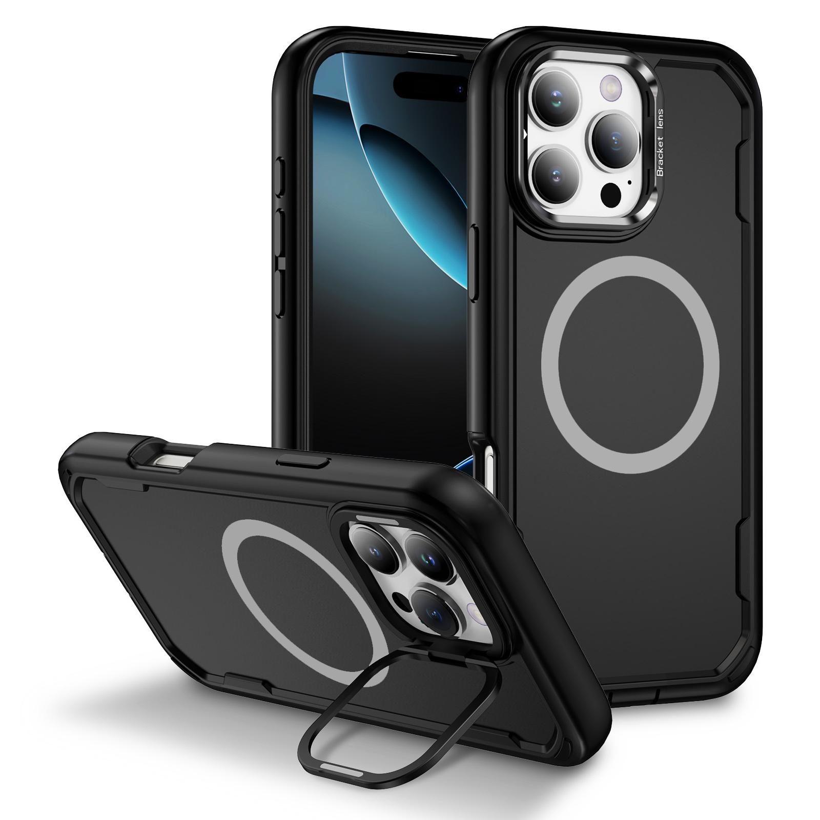 

For iPhone 16 Pro Case Compatible with MagSafe Lens Frame Kickstand TPU+PC Shockproof Phone Cover Black Black