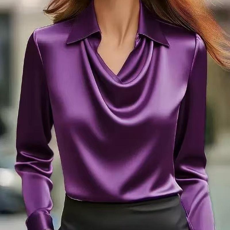 Women's Cowl Neck Blouse Long Sleeve Draped Slim Fit Elegant Office Shirt
