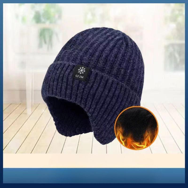 Outdoor Men Winter Knitted Hat Plush Warmth Peaked Cap Earmuff Casual Fashion Faux Fur Lined Bomber Hats Cycling Ear Protection