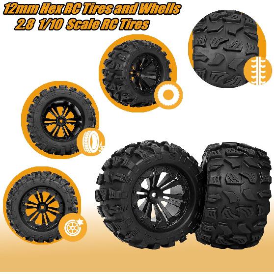 RC Station 12mm Hex RC Wheels and Tires 1/10 Scale 2.8 RC Truck Tires Wheels for Traxxas Rustler Stampede Hoss 2wd 4x4 vxl Tires Wheels Arrma Tires