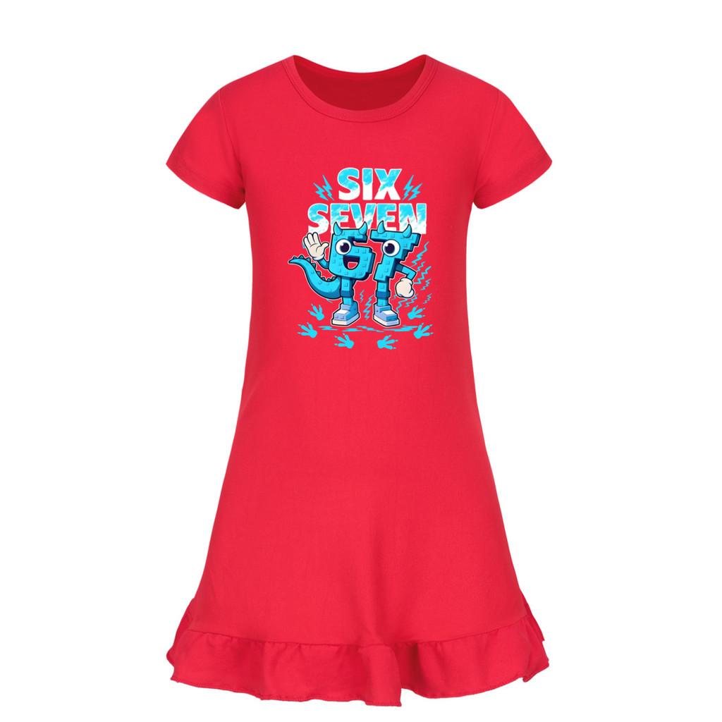 5192 Kids Girls Steal a Brainrot 67 Six Seven Printed Ruffle Short Sleeves Casual Dress