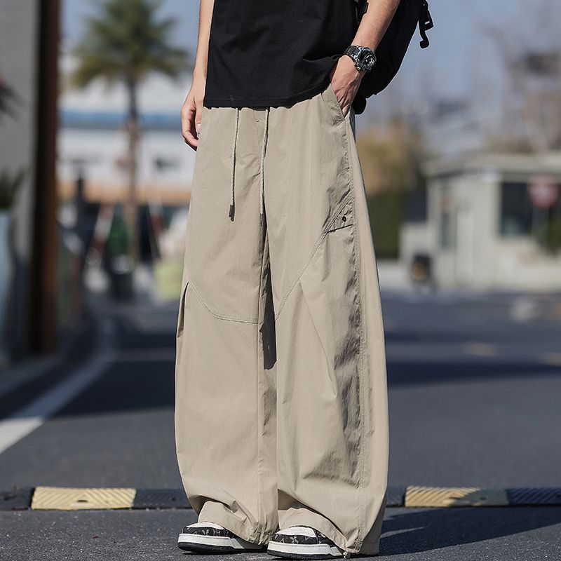 Spring and Summer New European Scimitar Loose Navy Blue Splicing Wide-leg Casual Pants Men's Very Light Pants