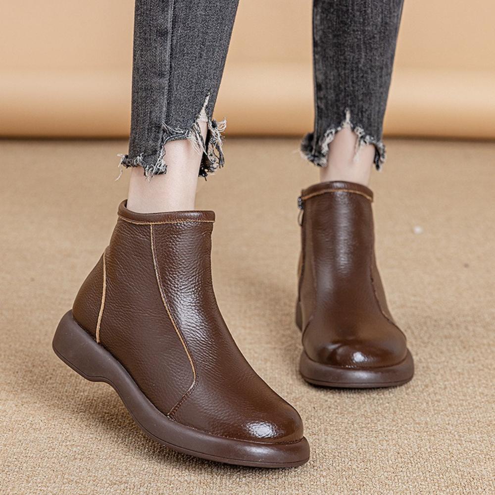 Genuine Top Layer Cowhide Mom Boots, Wool Lined Warm Martin Boots, Thick Sole Soft Leather Winter Short Boots for Women SA‑810