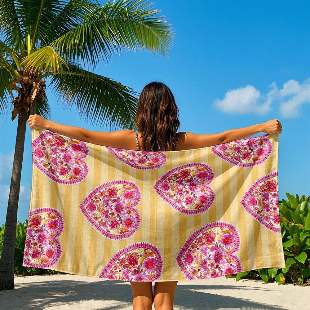 Floral Hearts On Yellow Stripes Quick Drying Bath Towel Microfiber Beach Towel Light Weight Swimming Camping Yoga Beach Out