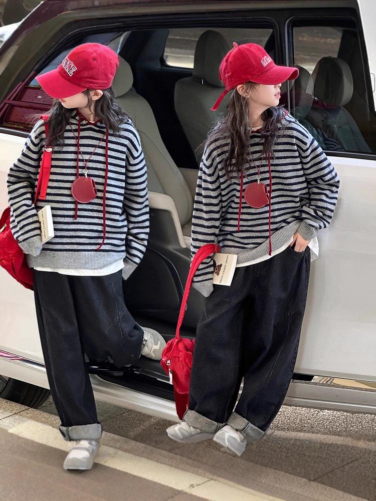 2025 Kinder Strickpullover mit Streifen und Kapuze - Trendiger koreanischer Stil für Jungen & Mädchen, Herbst/Winter