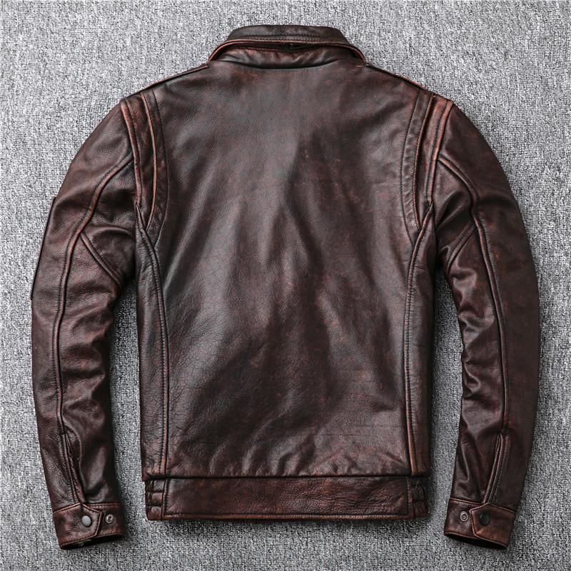 Jaqueta de couro de vaca com camada de terno de voo desgastado, jaqueta retrô de motocicleta masculina