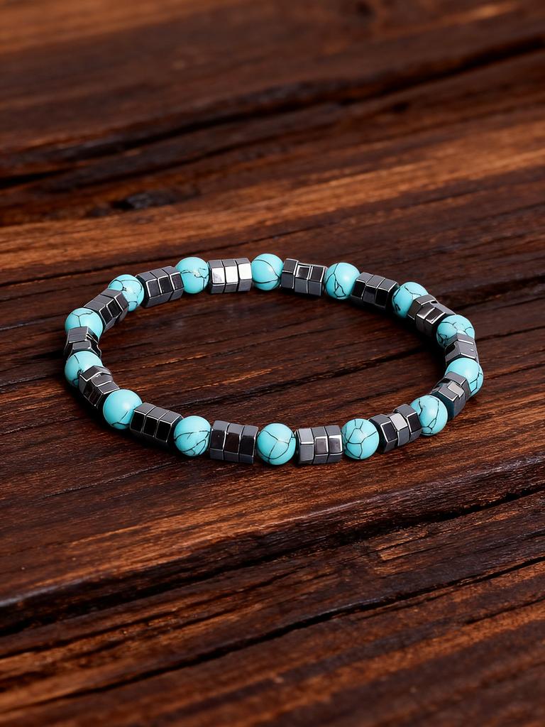 Natural Stone Bracelet Hematite & Turquoise Beads Geometric Irregular Shape for Vigour Protection Good Fortune Strength Jewelry