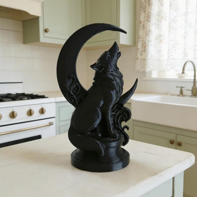 3D Printed Wolf Sculpture with Visible Layered Texture, Moon and Scrollwork Composition for Animal-Themed Entryway or Living Room Decors