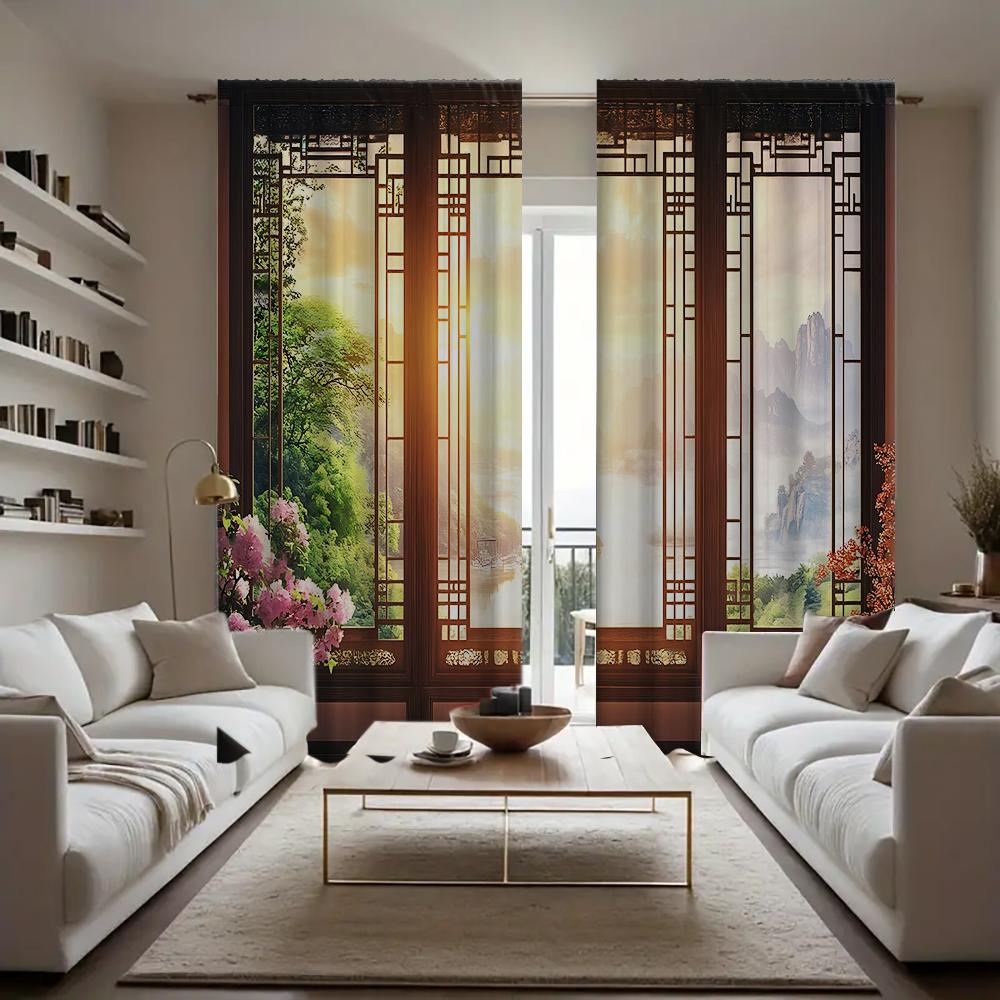 

2 шт. Домашний вид из окна Шторы с пейзажным фоном и шторная лента, Кухня, Кофейня, Гостиная 75x166cm