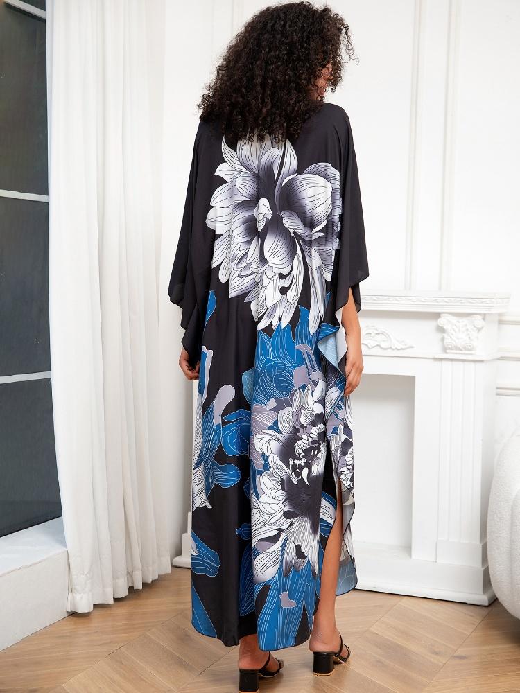 EDOLYNSA Versatile Blue Women's Kaftan Robe Light jacket Caftan Bathrobe Vacation Long Dress Hot Selling Lounge around Outfit Q1289