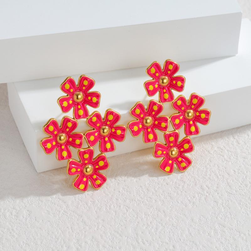 Hong Kong-Style Titanium Steel Enamel Flower Earrings: Retro, Versatile, Exquisite Autumn/Winter Gift.
