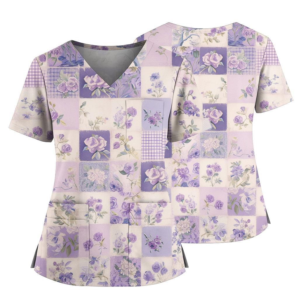 Damen Casual Bedrucktes V-Ausschnitt Taschen Seitennaht Schlitz Kurzarm Top
