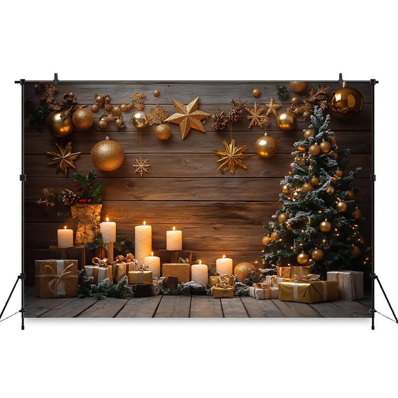 Christmas Tree Backdrop Photography Baby Shooting Props Golden Ball Star Gifts Candle Wood Wall Background Decorations Photozone