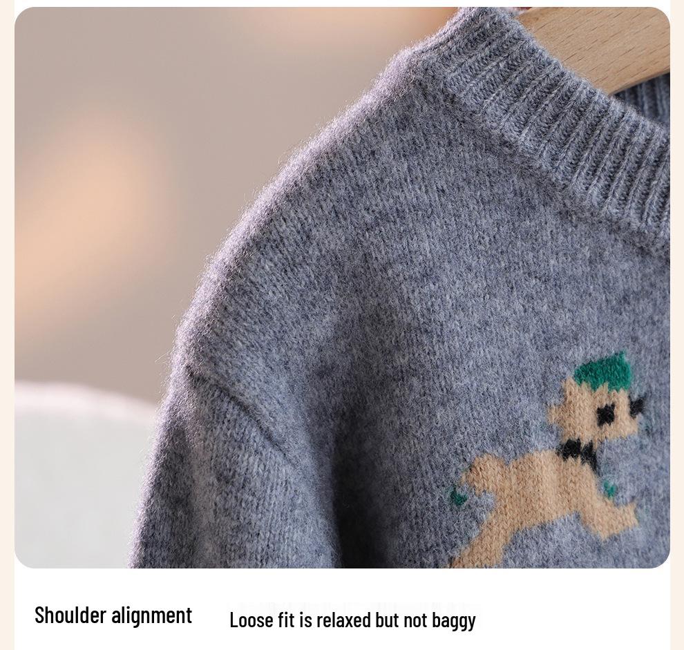 Kinder-Cardigan aus 100% reiner Wolle, gestrickt, mit Cartoon-Motiv, koreanischer Stil, Rundhals-Pullover für Jungen und Mädchen