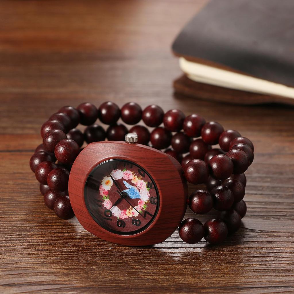 Bohemian Houten Kralen Band Dameshorloge: Analoge Weergave, Kwarts Uurwerk, Bloemenwijzerplaat, Elastische Band, Handgemaakte Stijl, Tonneau Vorm, Natuurlijk
