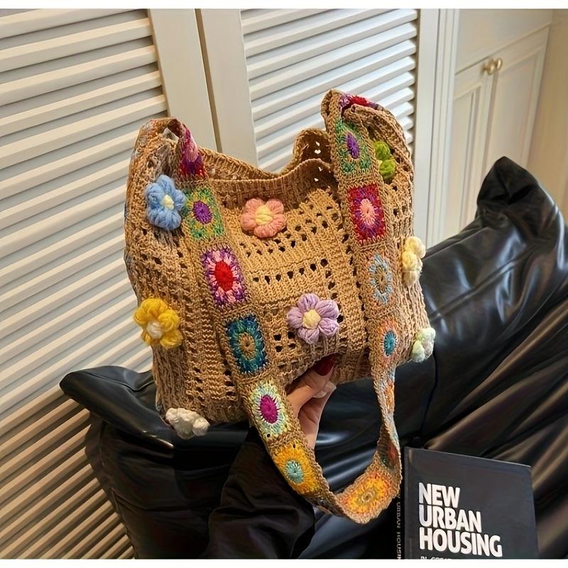 

1pc Bohemian Vintage Crochet Floral Crossbody Bag - Beige Fabric, Adjustable Strap, Hand Wash Only, Casual Daily Wallet, Floral Crossbody