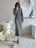 Women's European-Style Grey Hooded Sweatshirt Dress - Textured, Cinched Waist, Slimming, Casual Autumn/Winter Wear