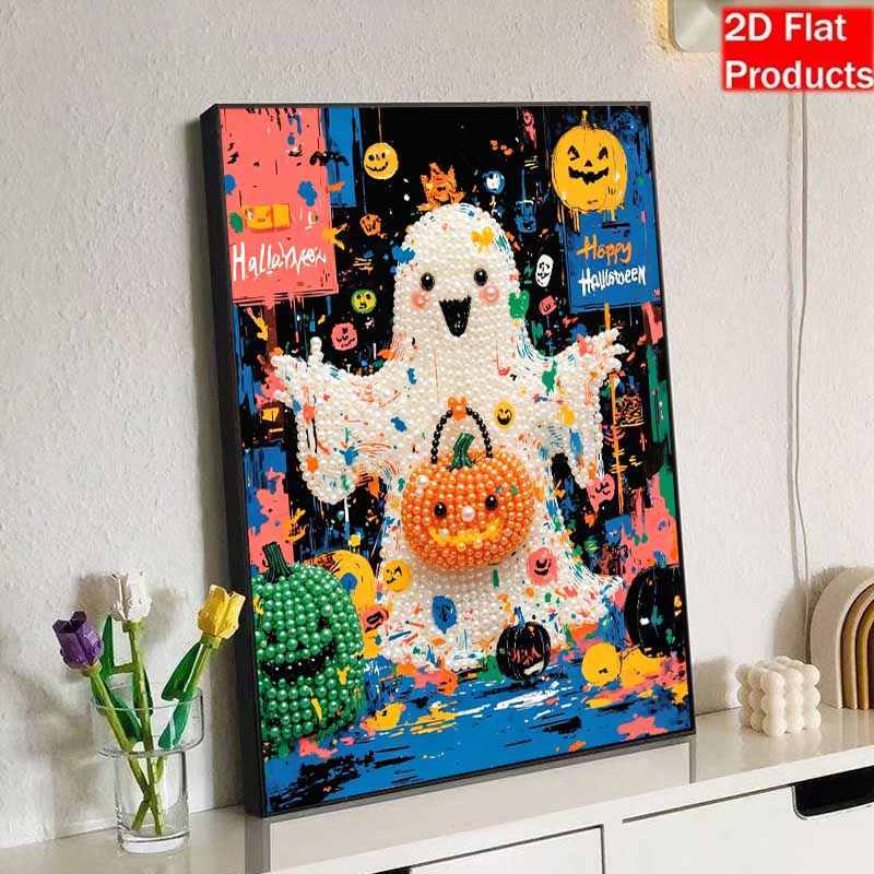 DIY 3D Pearl Painting Canvas Cute Ghost and Pumpkin Pattern Relaxing Leisure Craft Kit for Adults Home Decoration Art Supplies