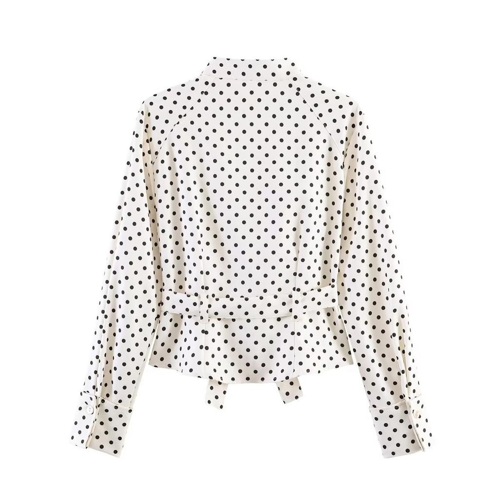2026 spring new product European and American cross-border women's clothing street fashion polka dot belt long-sleeved top w107 8898