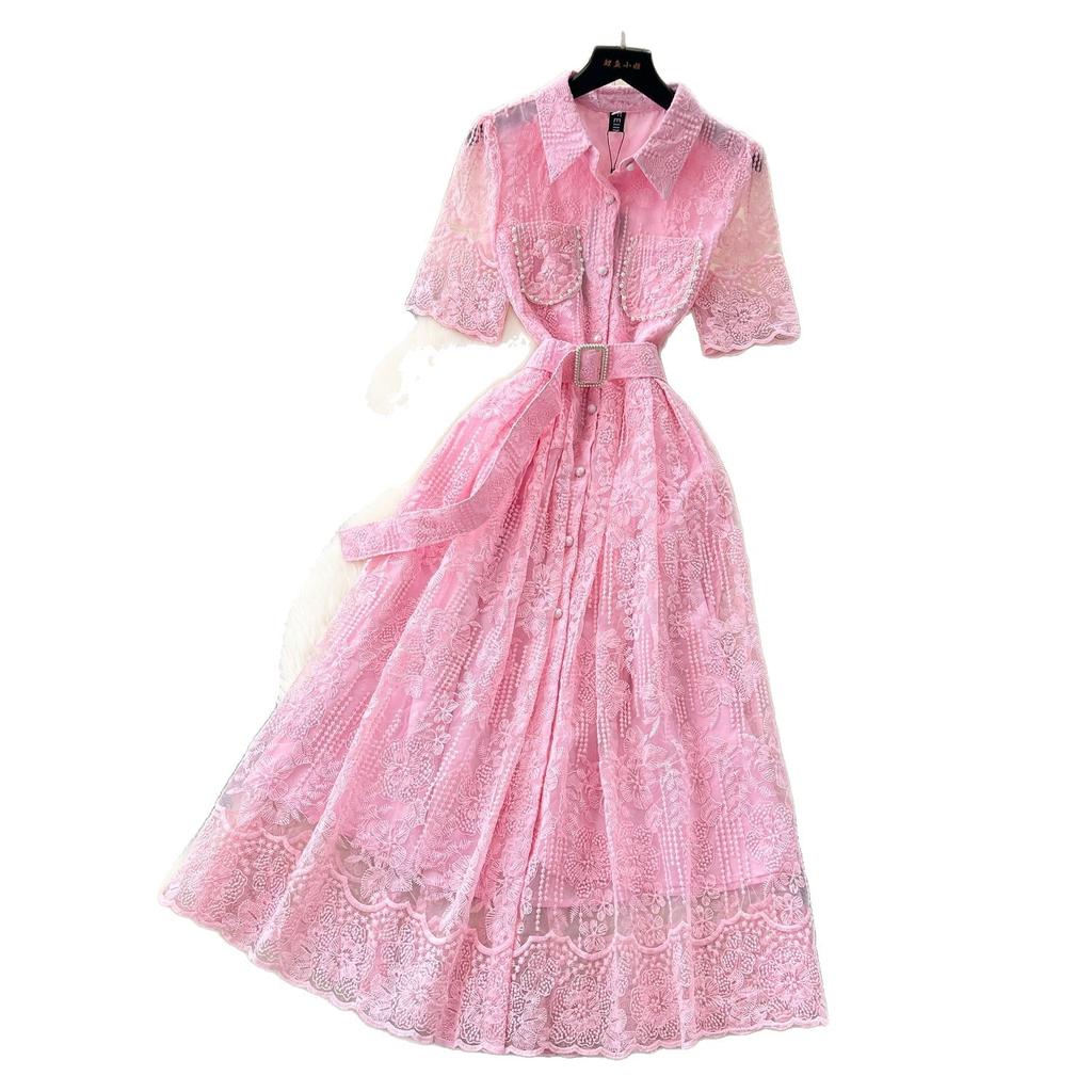 French Temperament Socialite Heavy Industry Bead Pocket Short-sleeved Dress Women's Waist Temperament Crochet Embroidered Mesh Dress