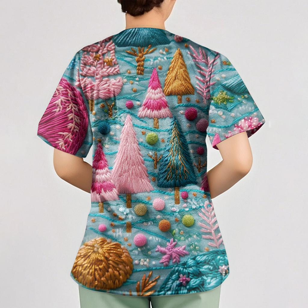 Women's Christmas Print Loose V-Neck Pocket Short-Sleeved Uniform