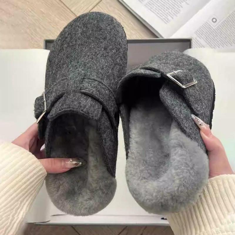 Women's Gray Thick-Soled Birkenstock Plush Closed-Toe Slippers - Autumn/Winter 2024