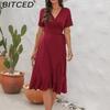 BITCED V-Neck High-Waisted Tie-Detail Dress Solid Color Long-Sleeve Short-Sleeve Dress Vacation Travel Dress