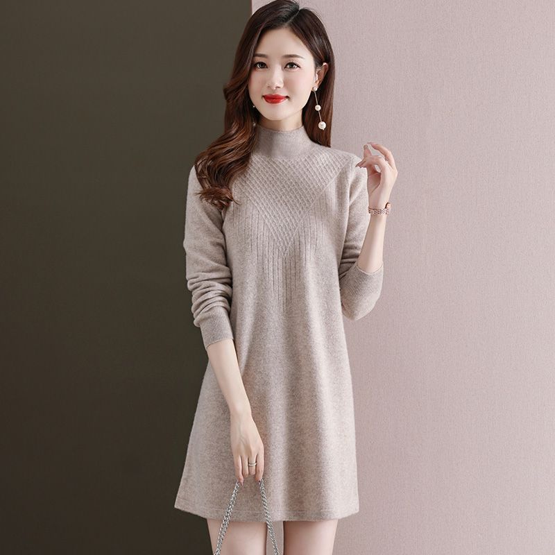 Turtleneck Knitted Dress for Women Loose Mid-length Sweater Dress Solid-color Casual Pullover Autumn and Winter