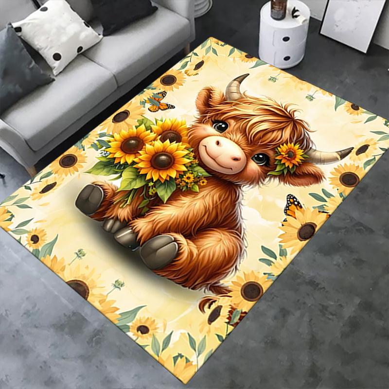 Highland Bull Theme Chair Mat: Cute Cow with Sunflowers Office Carpet Large Size, Home Decor, Sofa Rug, Gift for Office and Living Room