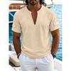 Men Stand Collar Deep V Neck Short Sleeve Linen Blend Casual T Shirt