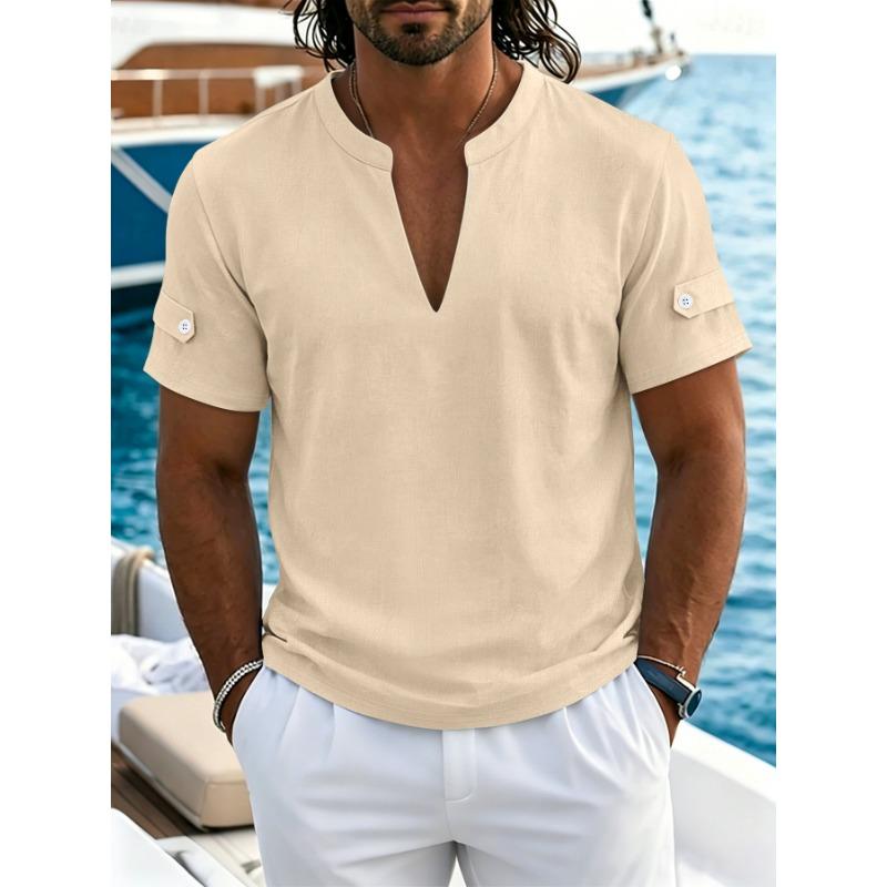 Men Stand Collar Deep V Neck Short Sleeve Linen Blend Casual T Shirt