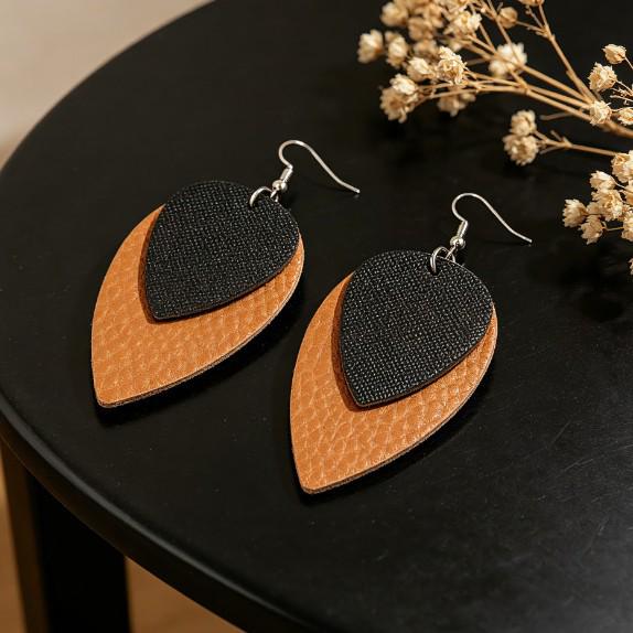 Retro Double Layer PU Leather Teardrop Sequin Earrings