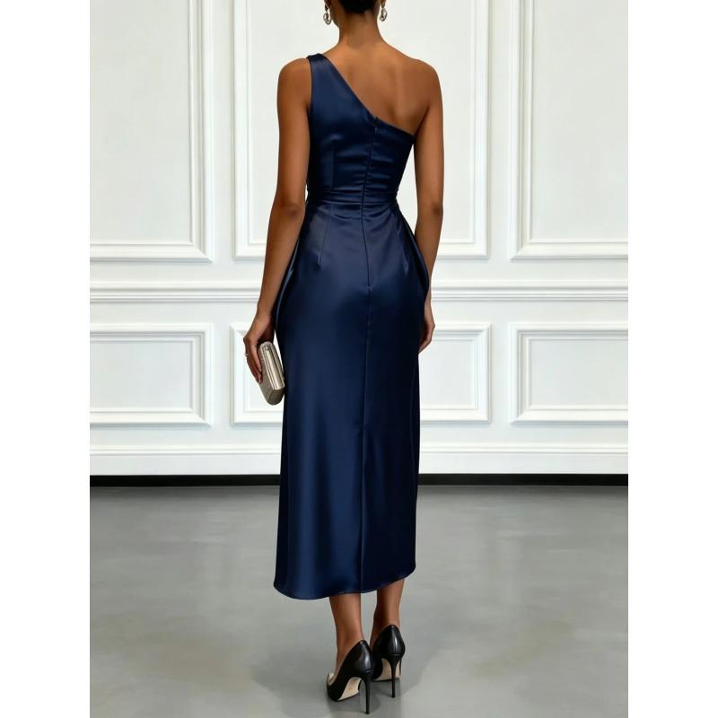 Satin Midi Dress with Ruched Waist Elegant Sleeveless Party Gown